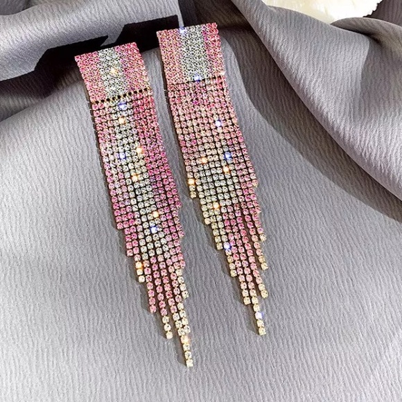 Pink Blue Rhinestone Long Drop Earrings - Picture 3 of 6